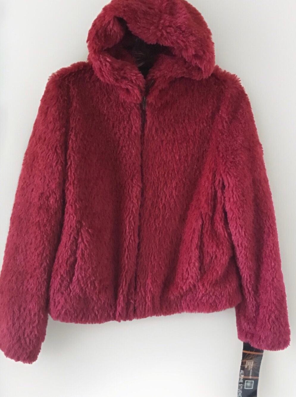 Alpine Studio Red Faux Fur Quilted Hooded Full Zip Jacket Women's Size S New